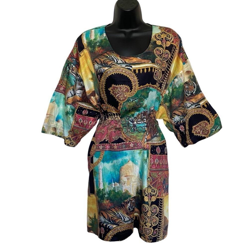 Horacio Collection Art to Wear Tiger Elephant Print Tunic Top Mini Dress One Sz